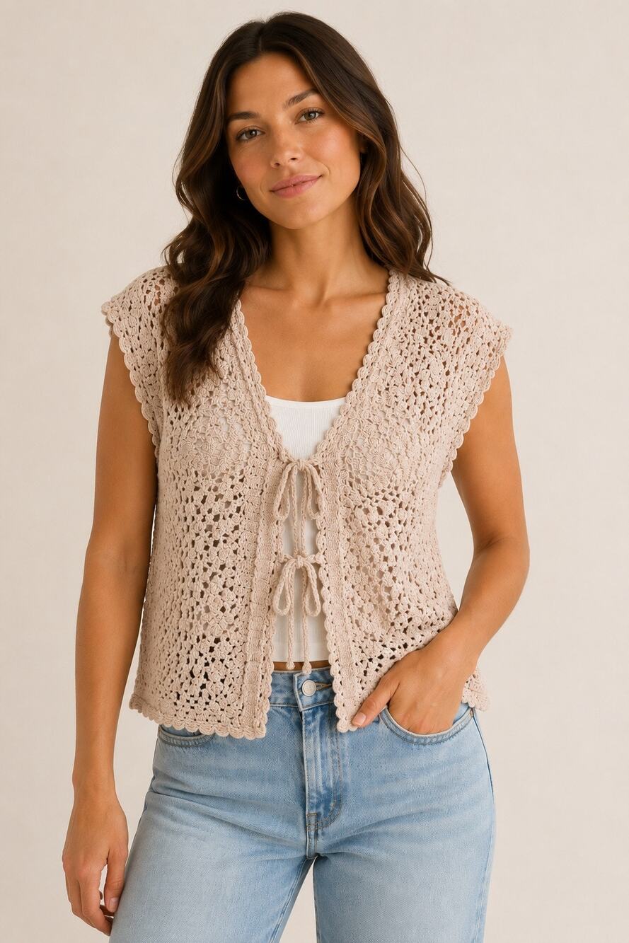 Lucky Brand Boho Crochet Tie-Front Cardigan Sweater Vest Pink Cotton Size M